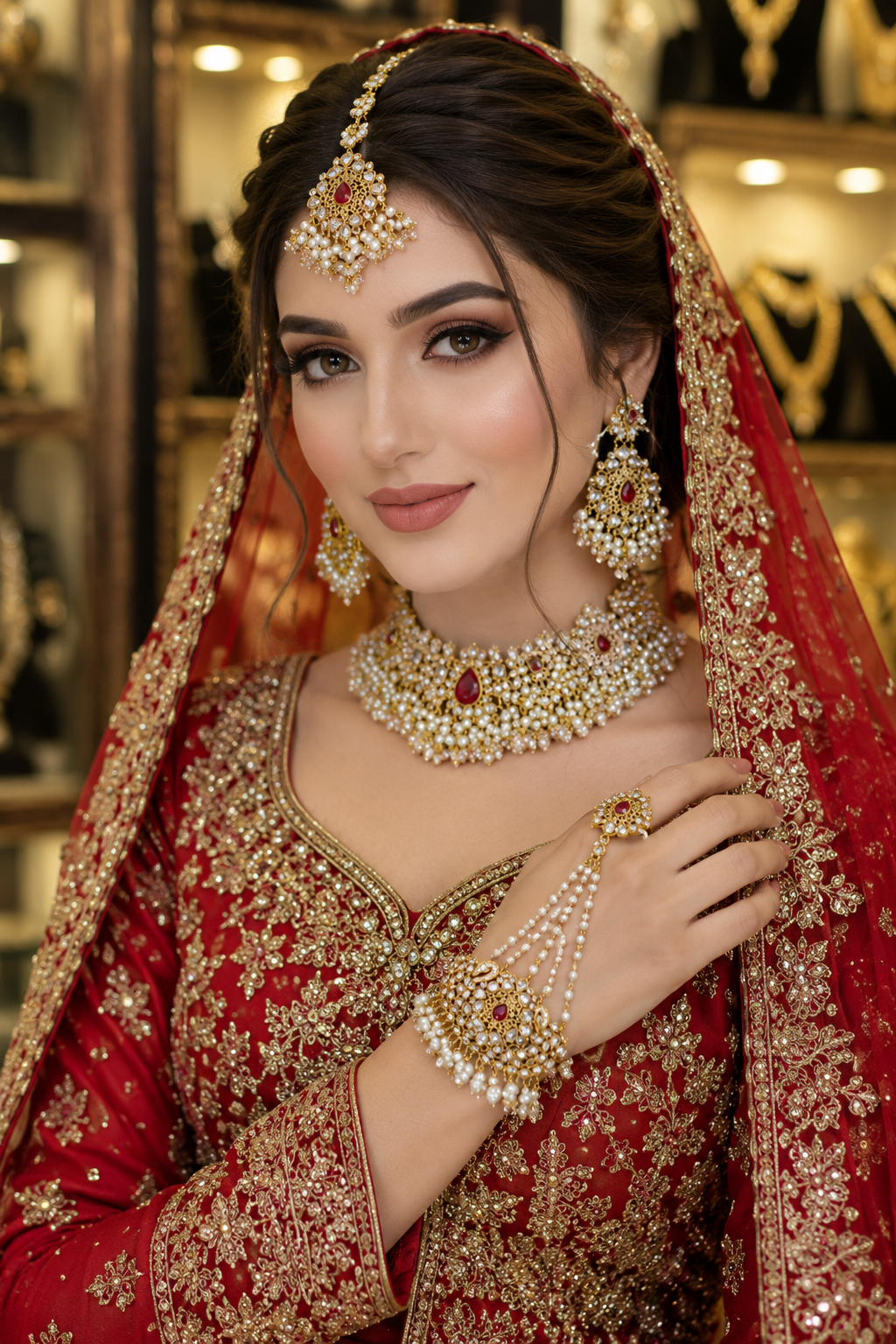 Customize Luxury Ruby Red Bridal Choker Set with Pearl Tassels – Gold Plated