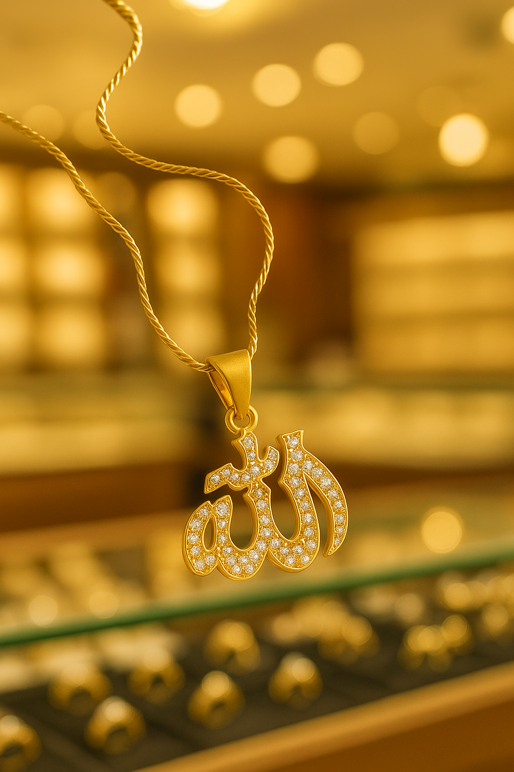 Allah Calligraphy Gold Pendant with Stone Setting