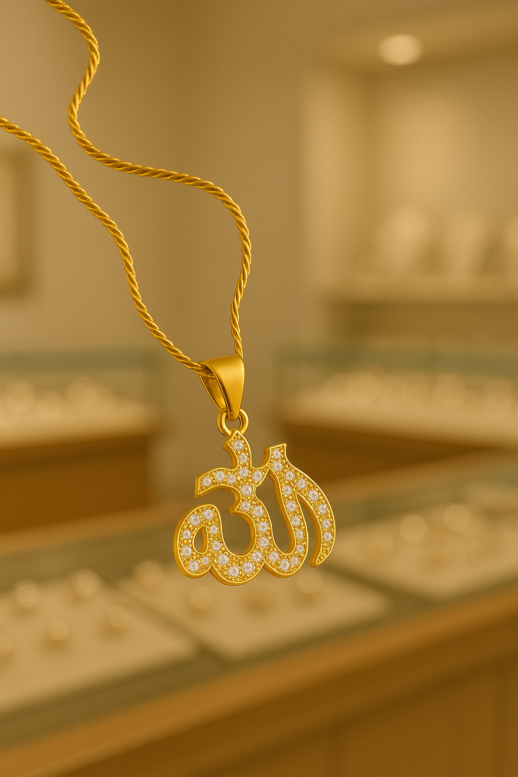 Allah Calligraphy Gold Pendant with Stone Setting