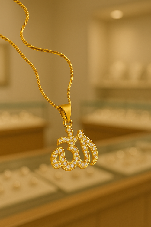 Allah Calligraphy Gold Pendant with Stone Setting