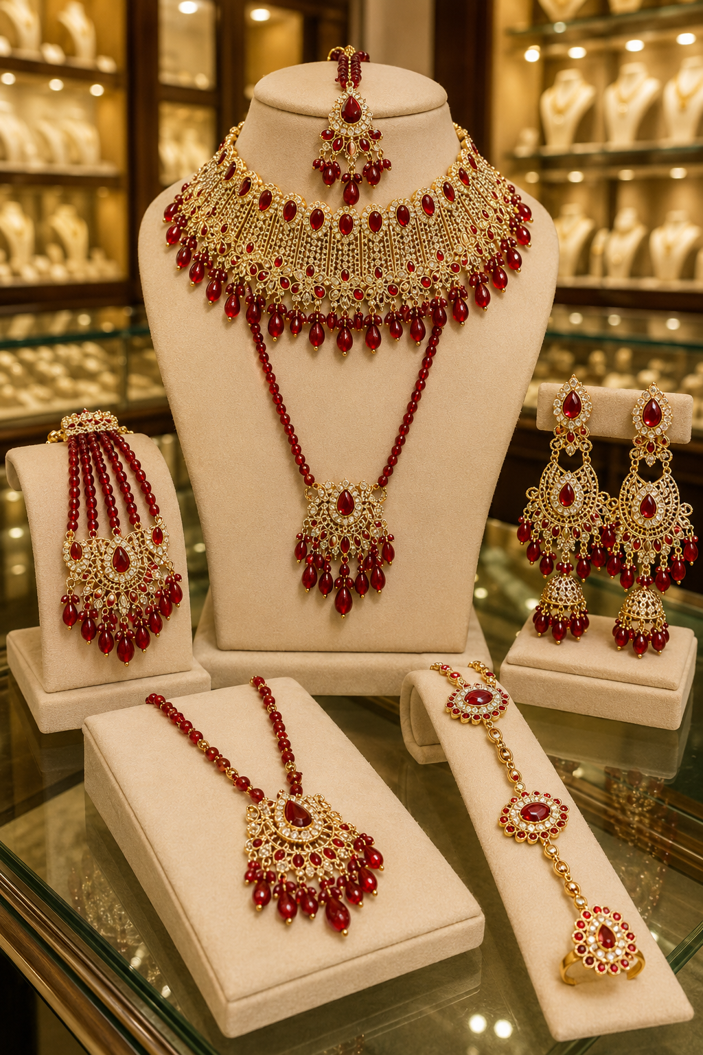 Luxury Bridal Ruby Red Choker Jewelry Set | Premium Wedding Necklace Set