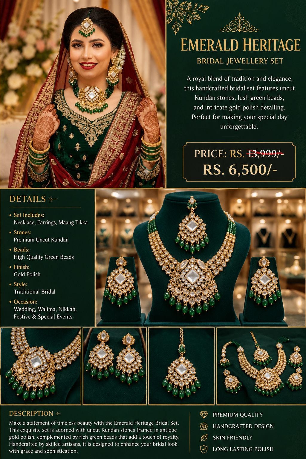 Luxury Emerald Kundan Bridal Jewellery Set – Premium Gold Plated Necklace Set