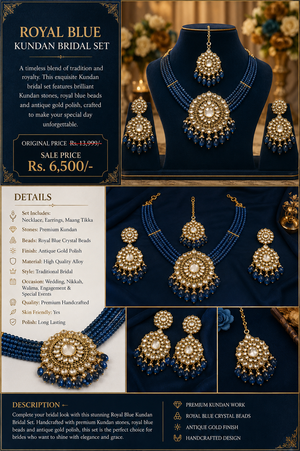 Royal Blue Kundan Bridal Jewellery Set – Premium Gold Plated Necklace Set