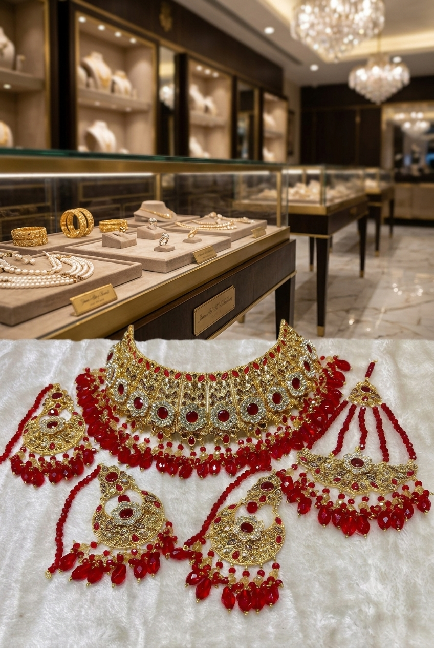 Premium Ruby Bridal Necklace Set with Earrings, Tikka & Passa