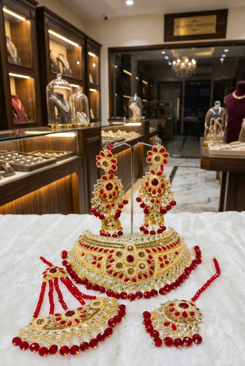 Luxury Ruby Bridal Jewelry Set with Choker Necklace, Earrings, Maang Tikka & Hathphool