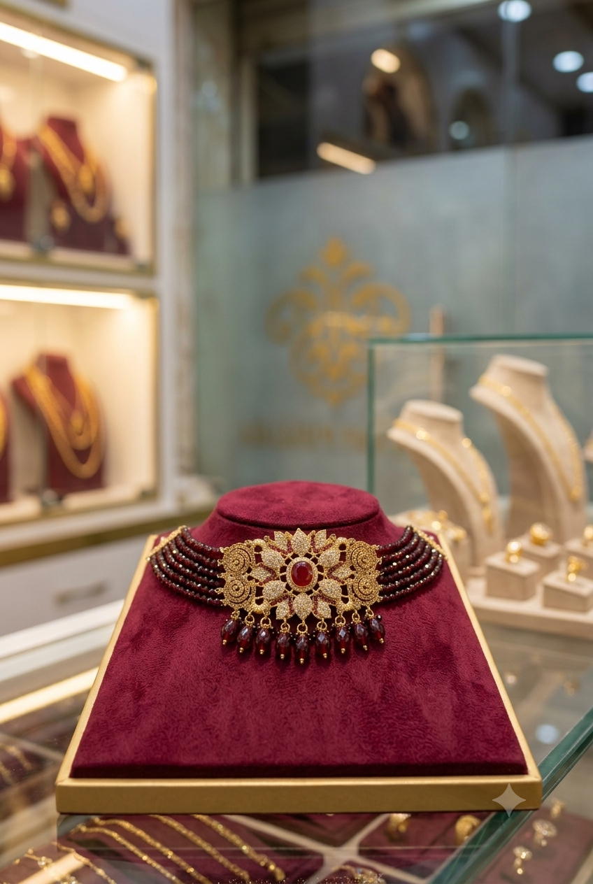 Luxury Maroon Crystal Bridal Choker Necklace – Gold Plated Wedding Jewelry
