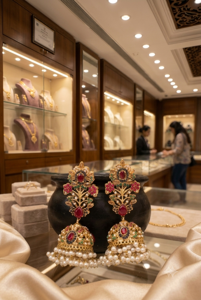 Luxury Ruby & Emerald Jhumka Earrings – Gold Plated Bridal Pearl Earrings