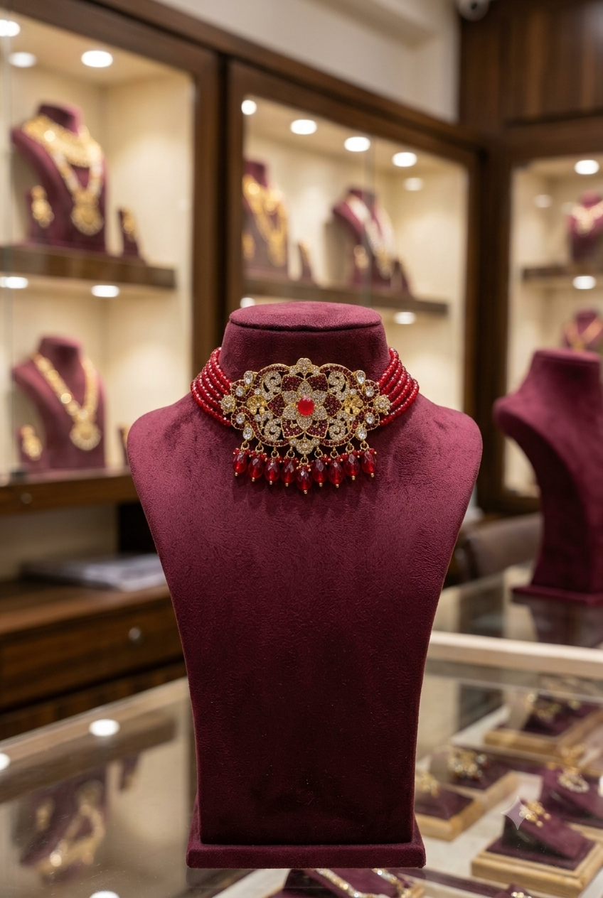 Luxury Ruby Red Crystal Bridal Choker Necklace – Gold Plated Wedding Jewelry