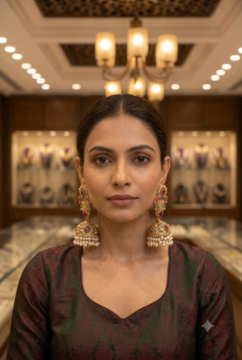 Luxury Ruby & Emerald Jhumka Earrings – Gold Plated Bridal Pearl Earrings