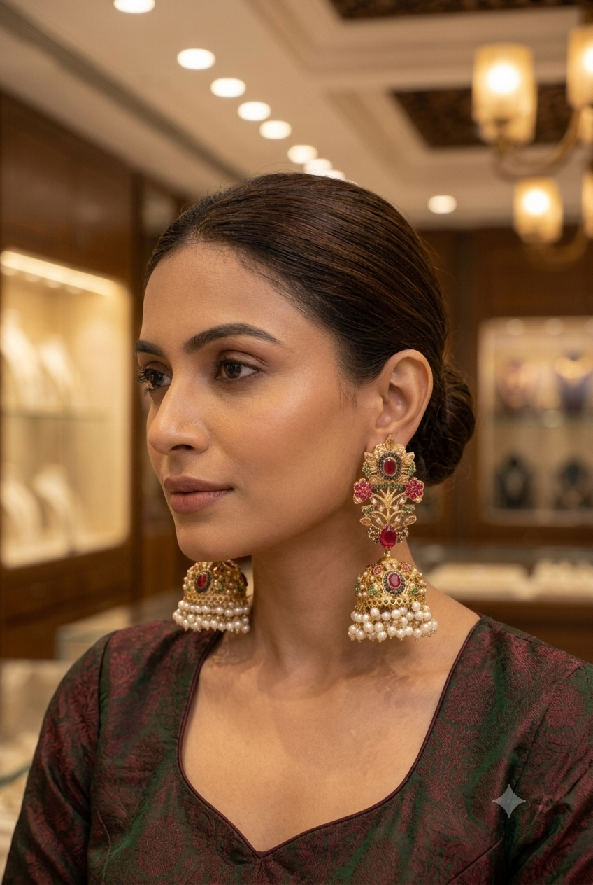 Luxury Ruby & Emerald Jhumka Earrings – Gold Plated Bridal Pearl Earrings
