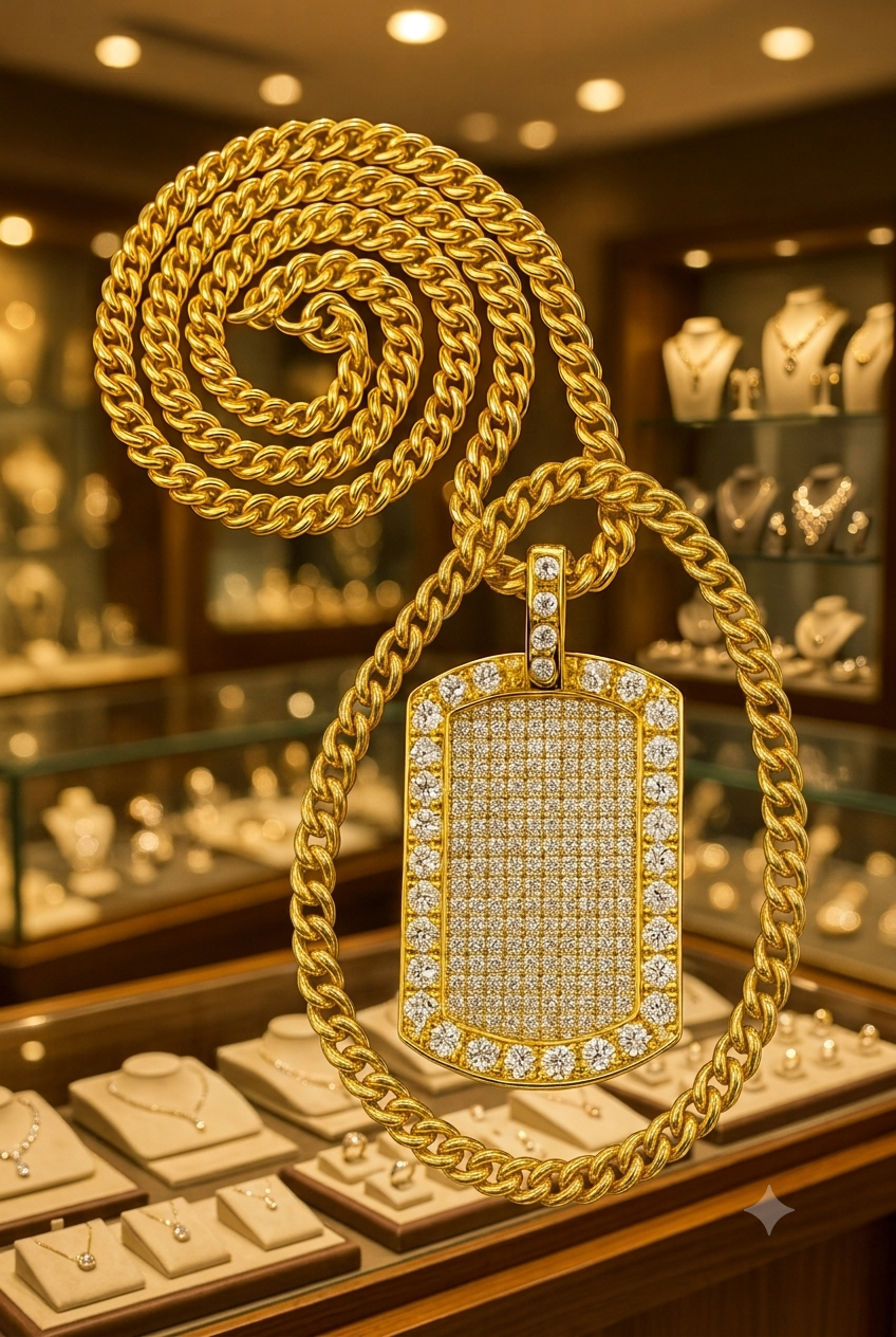 Luxury Gold Dog Tag Pendant Necklace | Iced Out Cubic Zirconia Hip Hop Chain for Men & Women