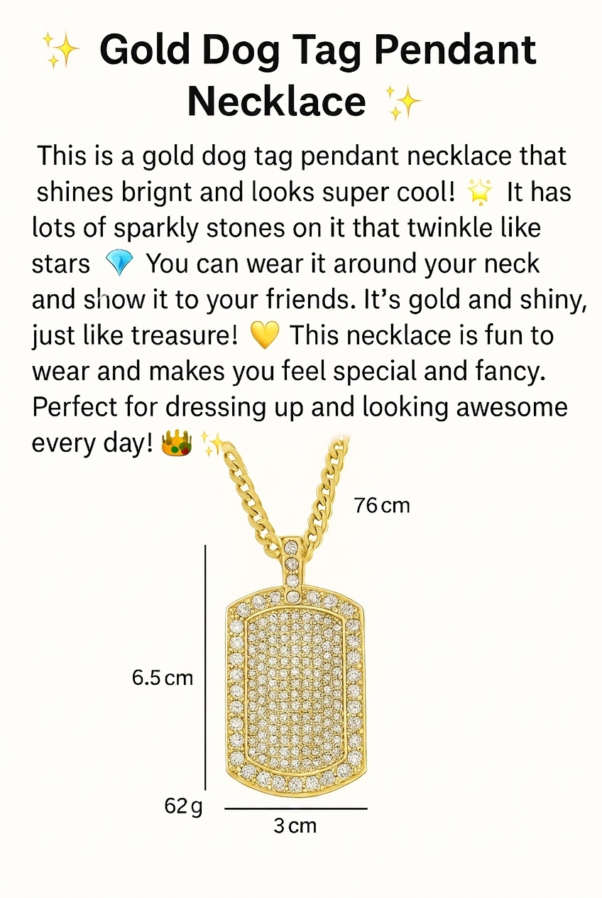 Luxury Gold Dog Tag Pendant Necklace | Iced Out Cubic Zirconia Hip Hop Chain for Men & Women