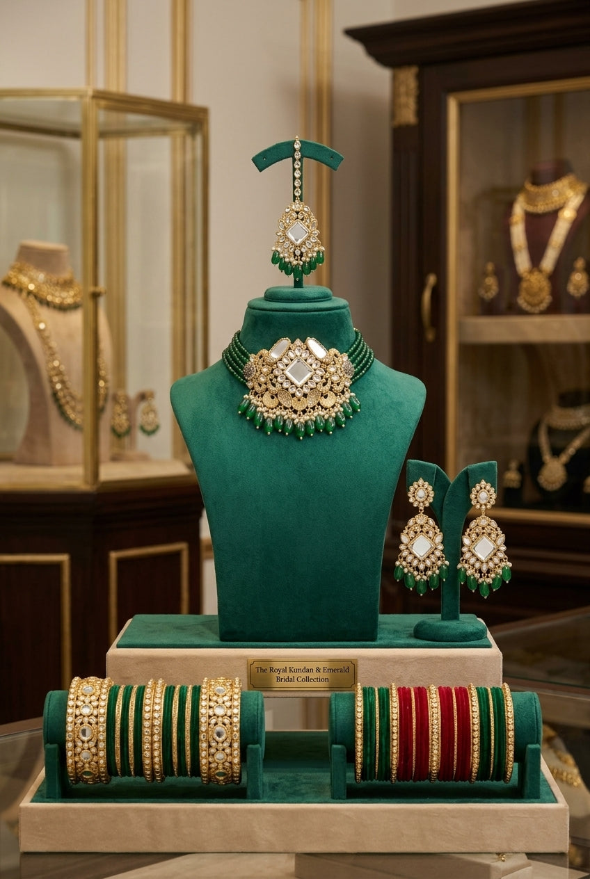 Luxury Emerald Kundan Bridal Jewellery Set – Premium Gold Plated Necklace Set