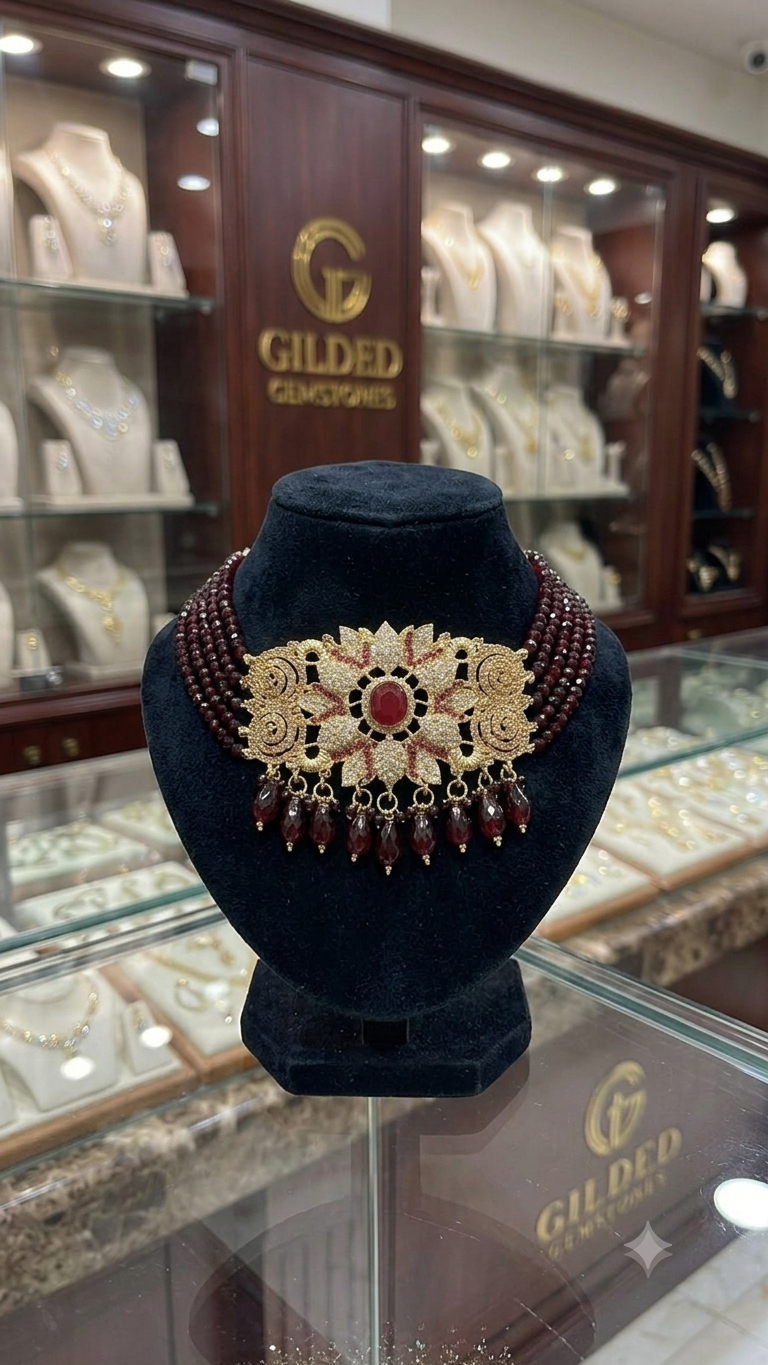 Luxury Maroon Crystal Bridal Choker Necklace – Gold Plated Wedding Jewelry