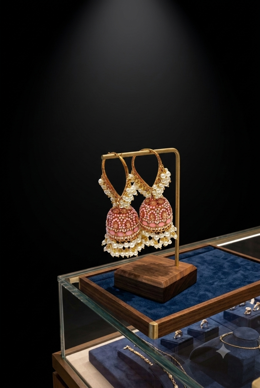 Luxury Blush Pink Pearl Jhumka Earrings – Premium Gold-Plated Ethnic Earrings for Women