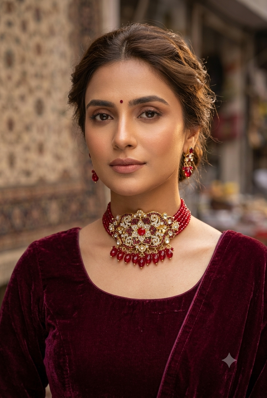 Luxury Ruby Red Crystal Bridal Choker Necklace – Gold Plated Wedding Jewelry