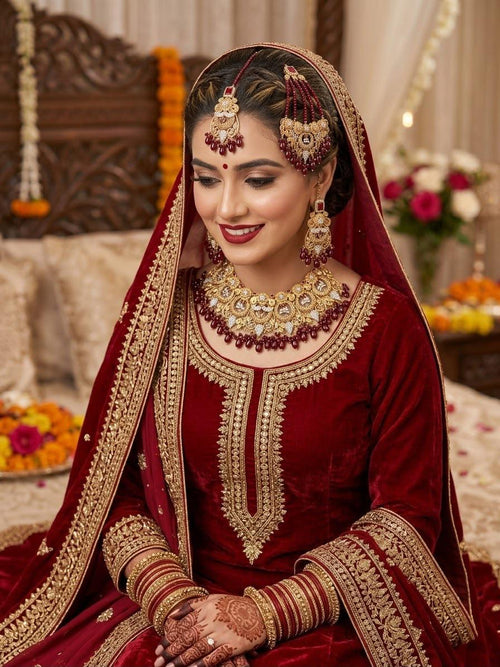 Luxury Maroon Bridal Jewelry Set with Kundan & Ruby Beads | Wedding Collection