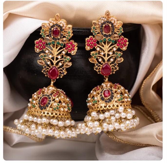 Luxury Ruby & Emerald Jhumka Earrings – Gold Plated Bridal Pearl Earrings