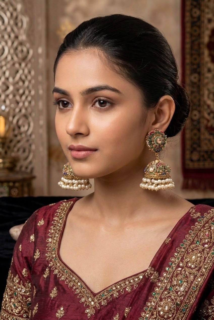 Customize Luxury Multi-Color Kundan Jhumka Earrings – Gold Plated Pearl Drop Ethnic Earrings for Women