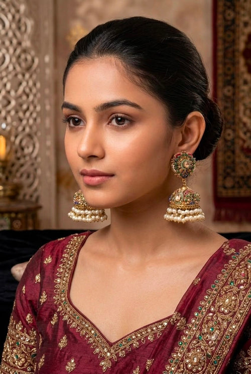 Customize Luxury Multi-Color Kundan Jhumka Earrings – Gold Plated Pearl Drop Ethnic Earrings for Women