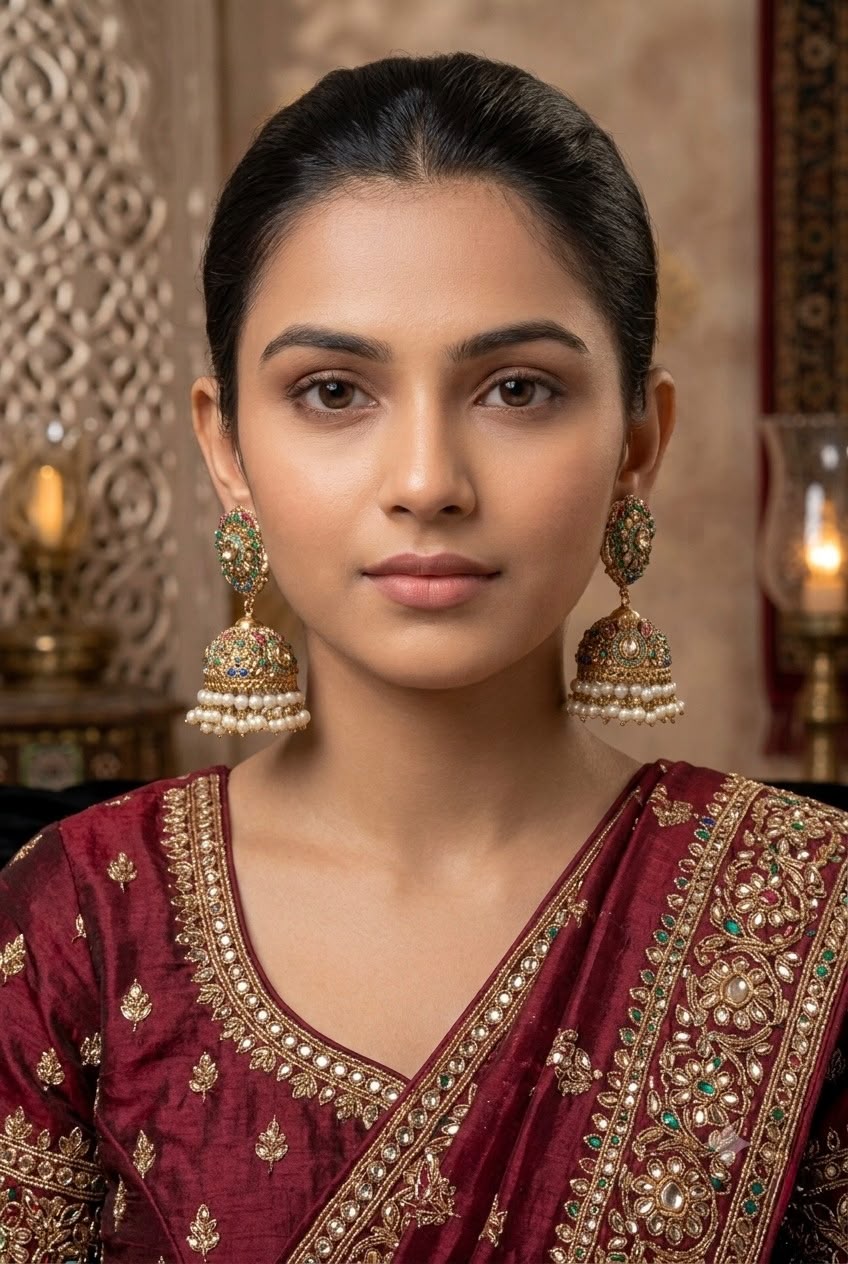 Customize Luxury Multi-Color Kundan Jhumka Earrings – Gold Plated Pearl Drop Ethnic Earrings for Women