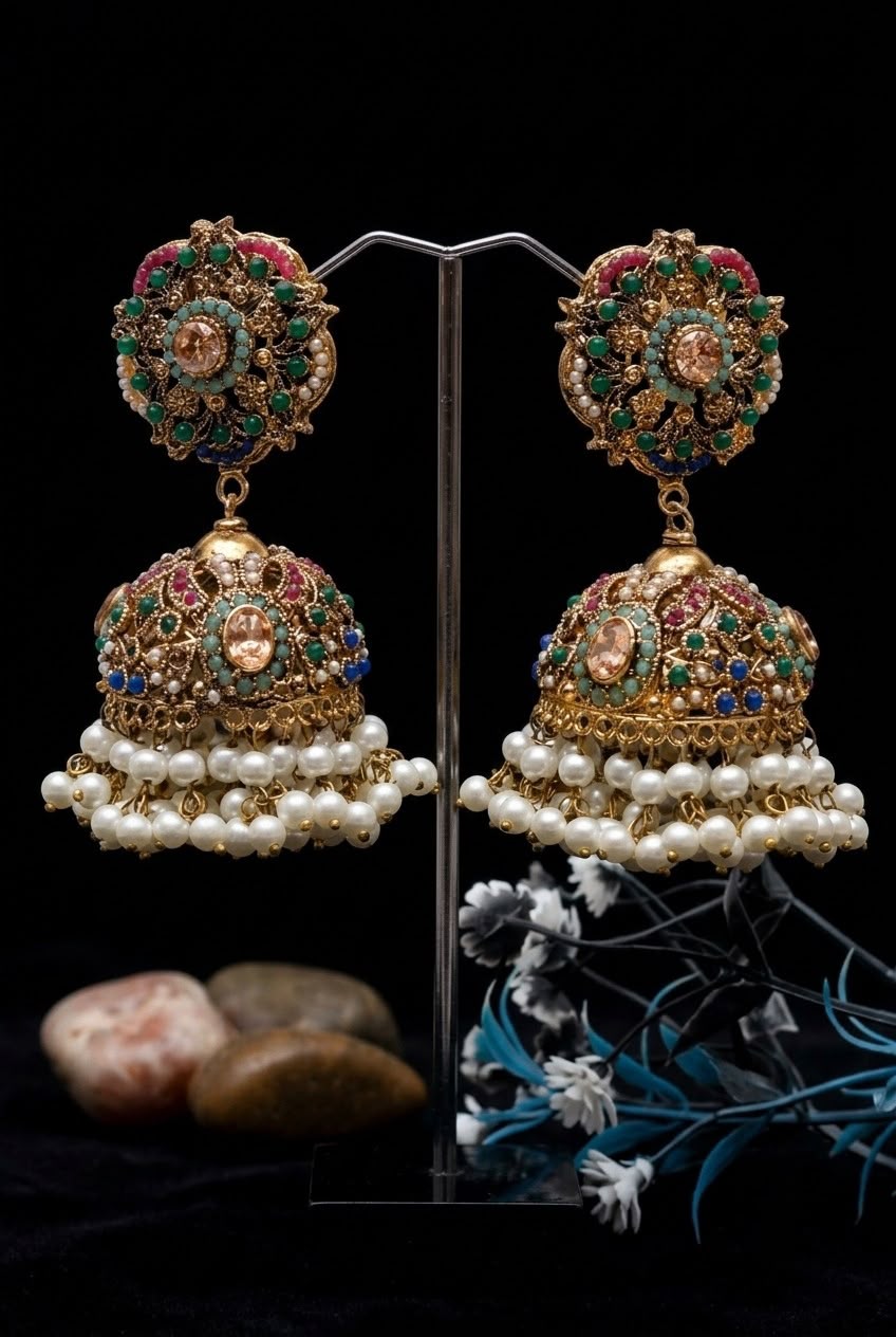 Customize Luxury Multi-Color Kundan Jhumka Earrings – Gold Plated Pearl Drop Ethnic Earrings for Women