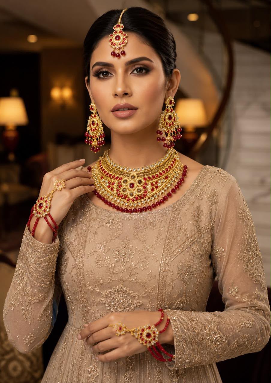 Luxury Ruby Bridal Jewelry Set with Choker Necklace, Earrings, Maang Tikka & Hathphool