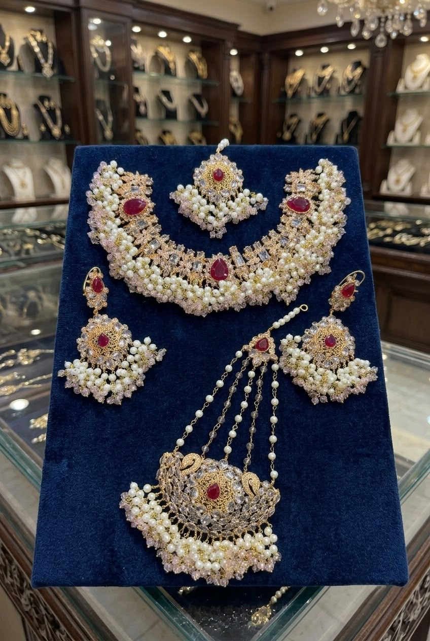 Customize Luxury Ruby Red Bridal Choker Set with Pearl Tassels – Gold Plated