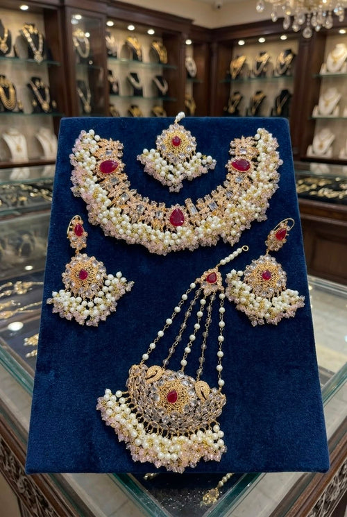 Customize Luxury Ruby Red Bridal Choker Set with Pearl Tassels – Gold Plated
