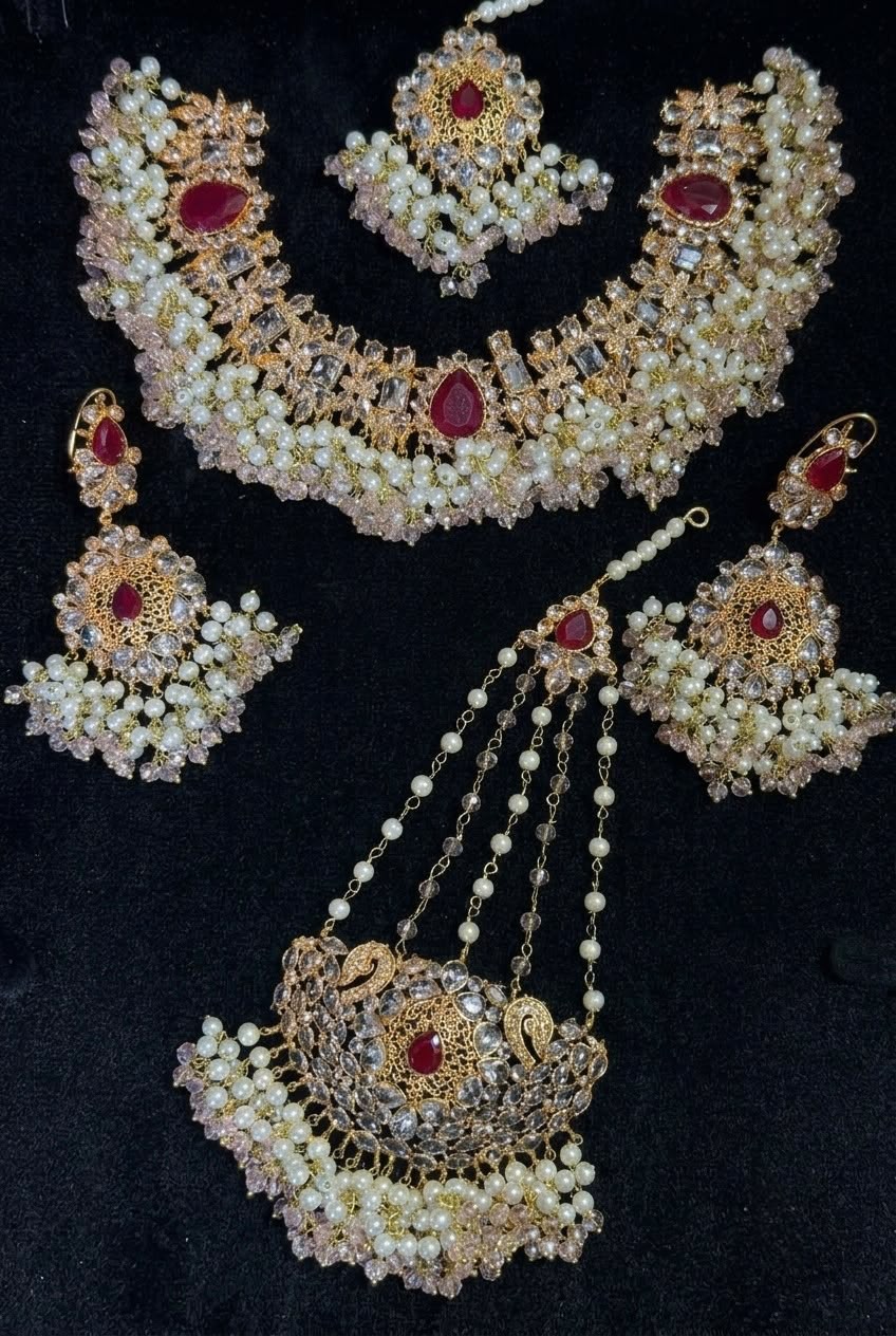 Customize Luxury Ruby Red Bridal Choker Set with Pearl Tassels – Gold Plated