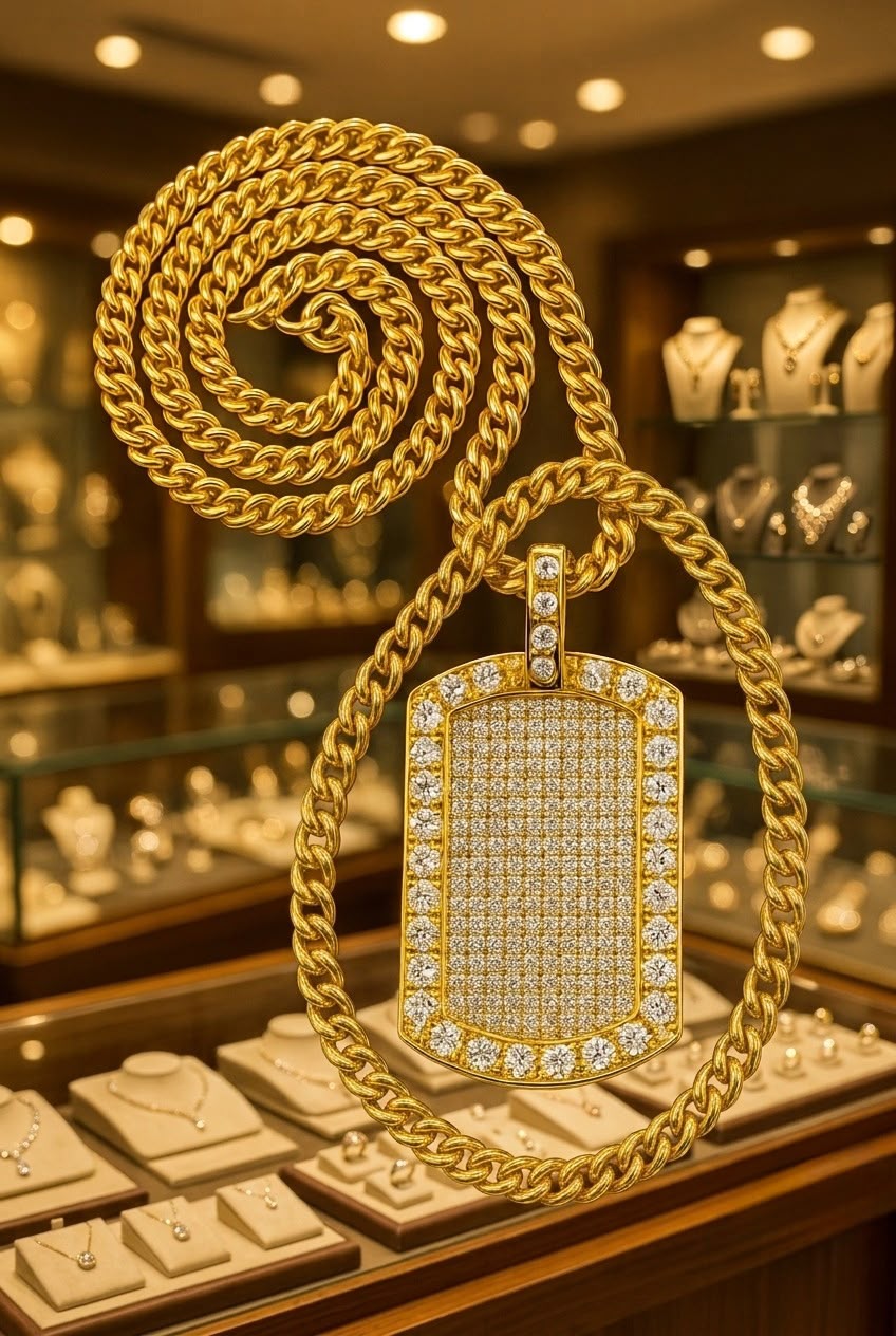 Luxury Gold Dog Tag Pendant Necklace | Iced Out Cubic Zirconia Hip Hop Chain for Men & Women