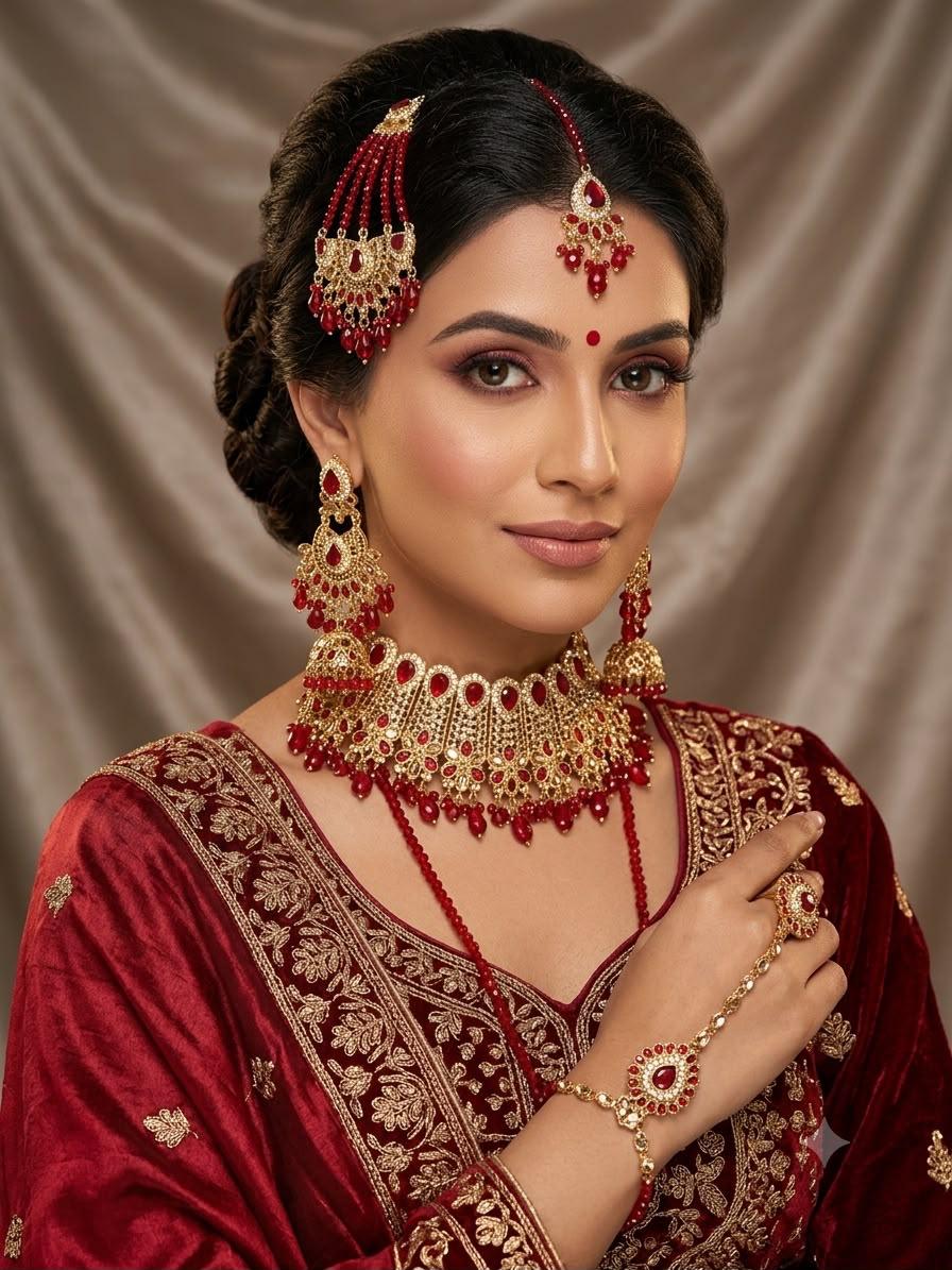 Luxury Bridal Ruby Red Choker Jewelry Set | Premium Wedding Necklace Set