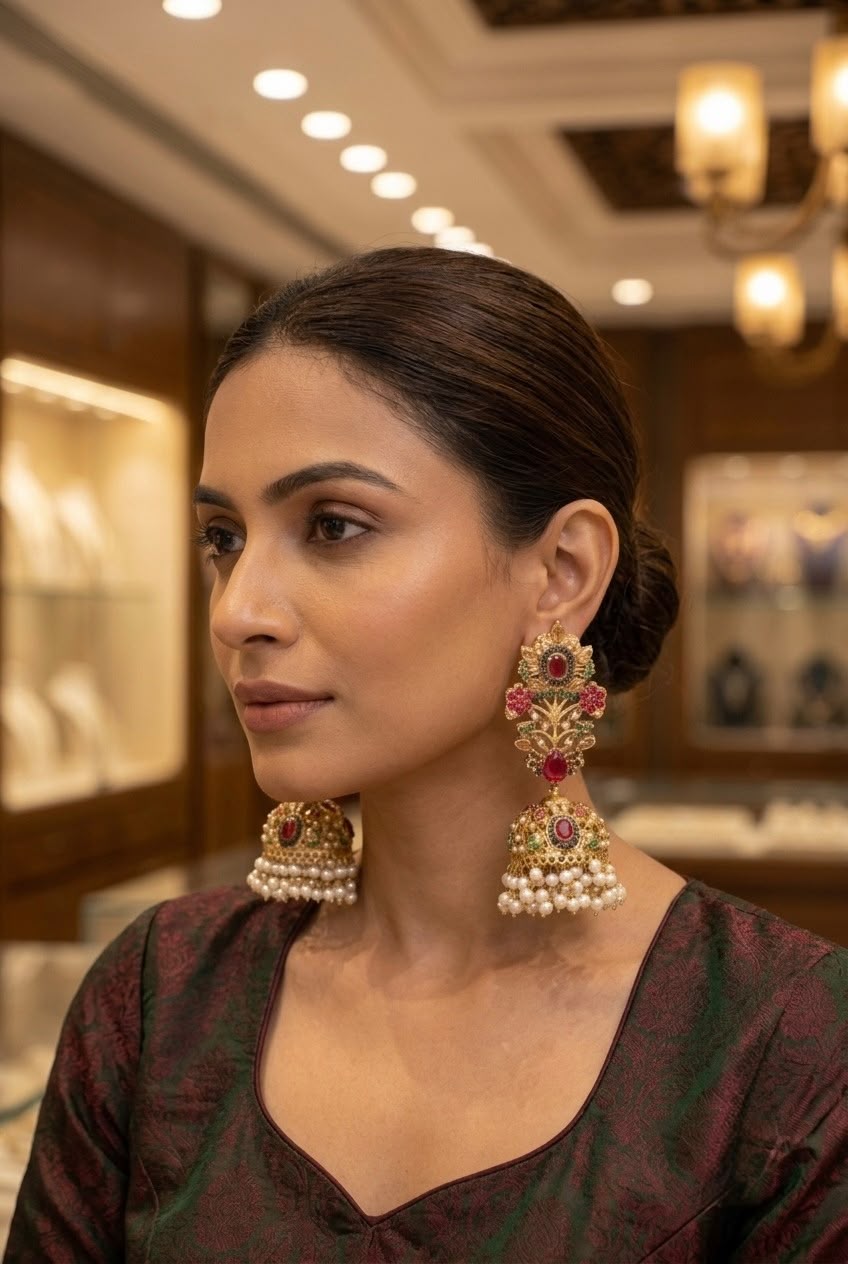 Luxury Ruby & Emerald Jhumka Earrings – Gold Plated Bridal Pearl Earrings