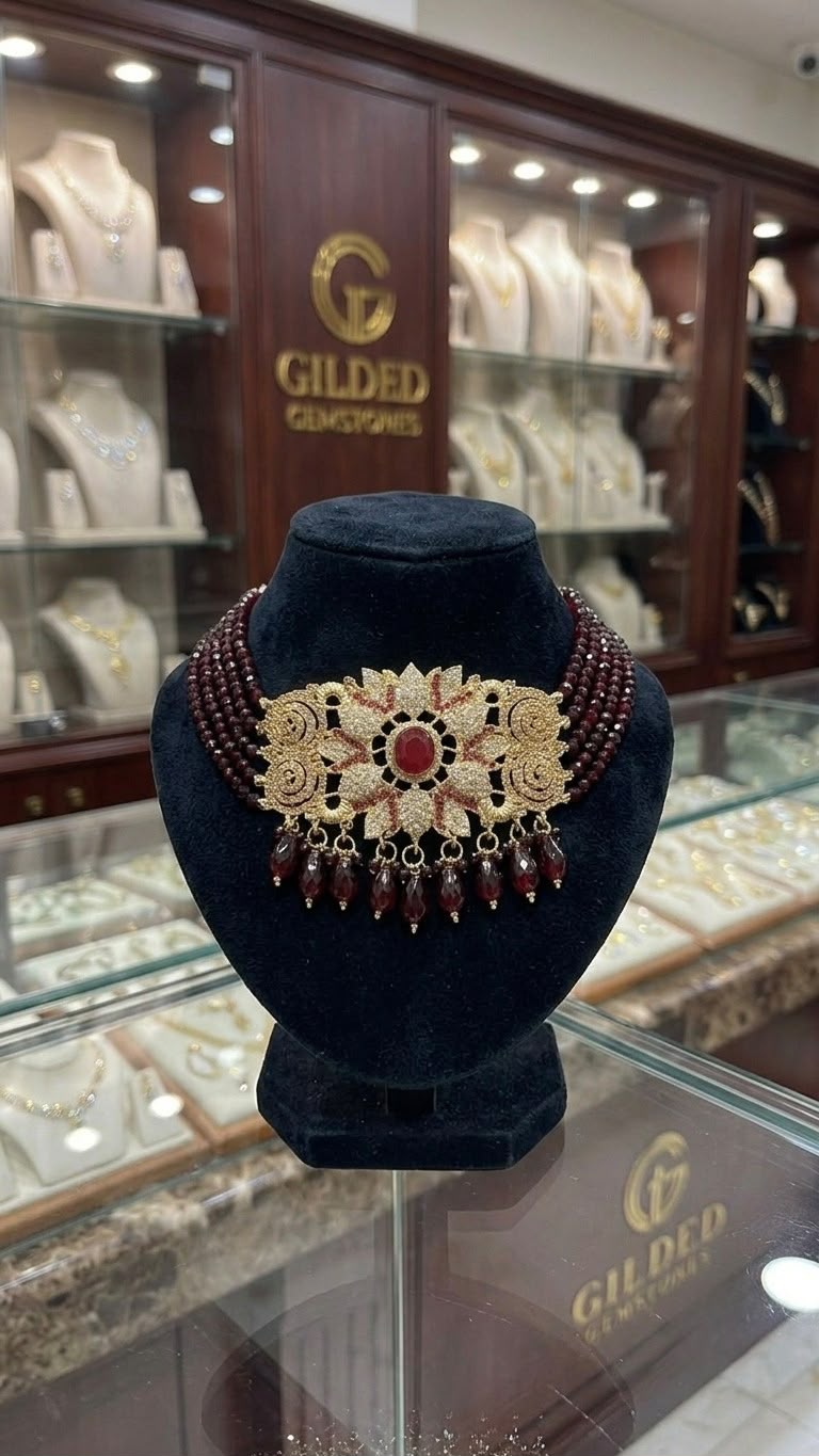 Luxury Maroon Crystal Bridal Choker Necklace – Gold Plated Wedding Jewelry